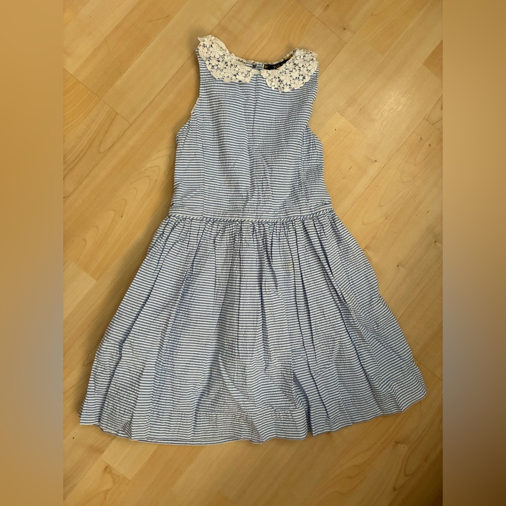 POLI Ralph Lauren Blue and White Striped Dress with Lace Detail